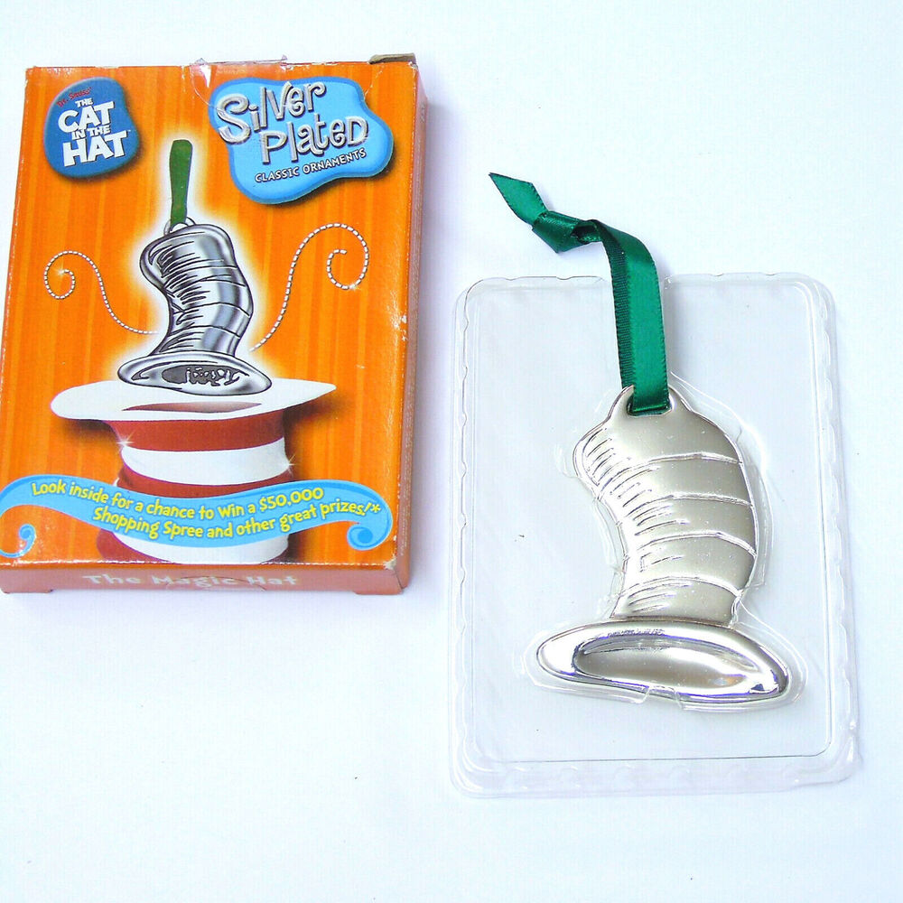 Dr Suess Cat In The Hat Christmas Ornament Silver Plate Tall Magic Hat New Box